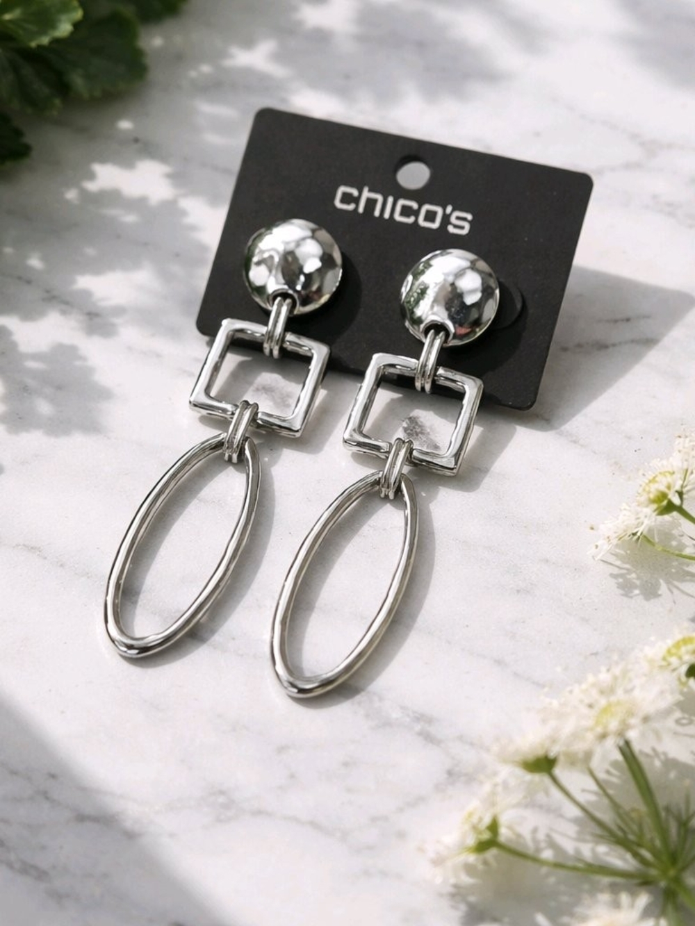 Chico's Shiny Silver Linked Geometric Drop Earrings